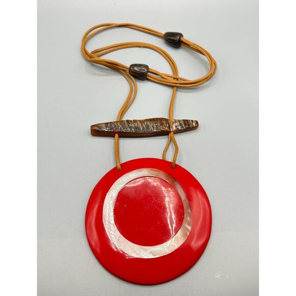 Oversized Red Statement Necklace Big Round Pendant with Mother of Pearl & Horn - Picture 3 of 11